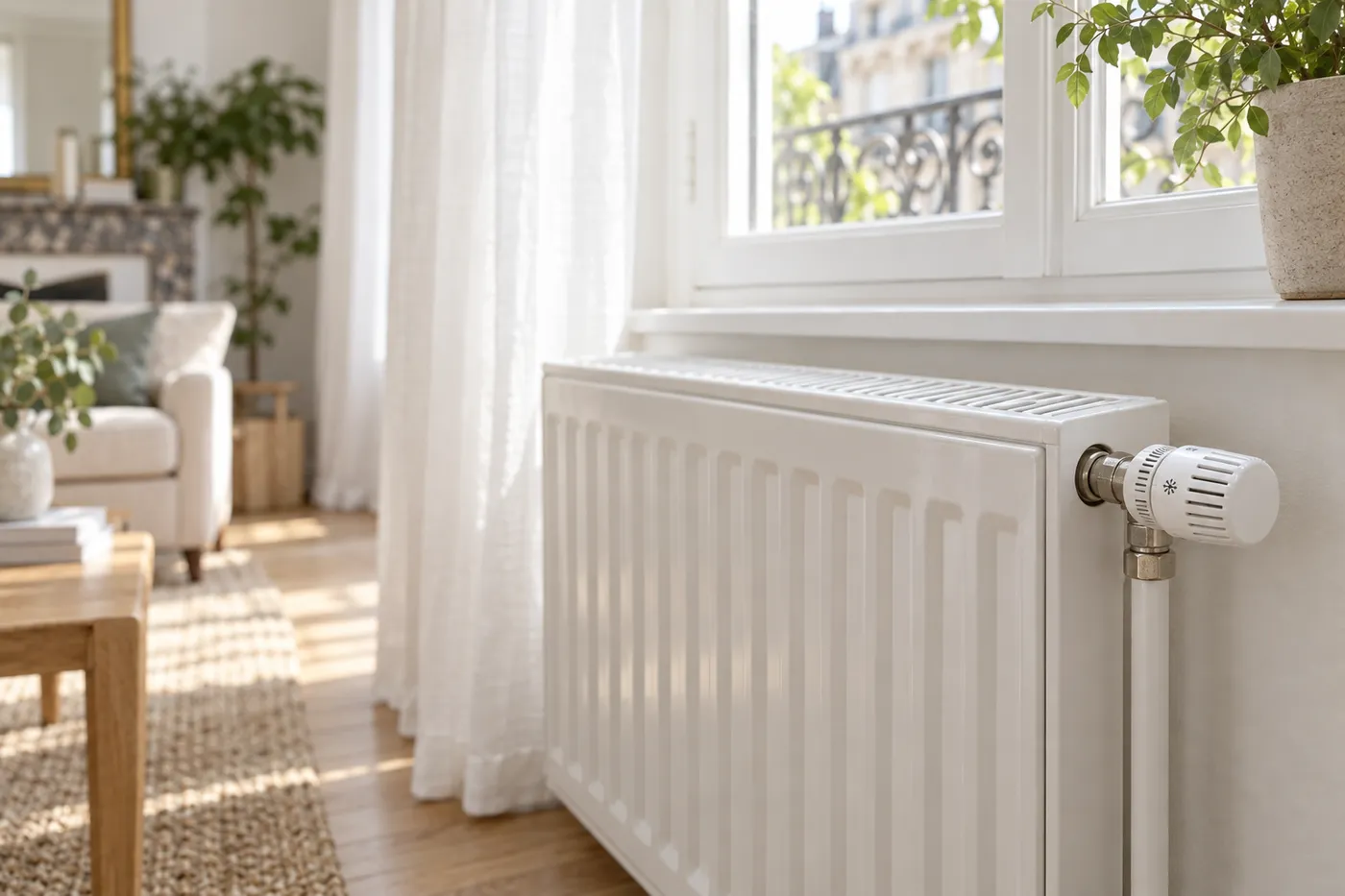 Radiateur équipé d'un robinet thermostatique dans un salon du 91