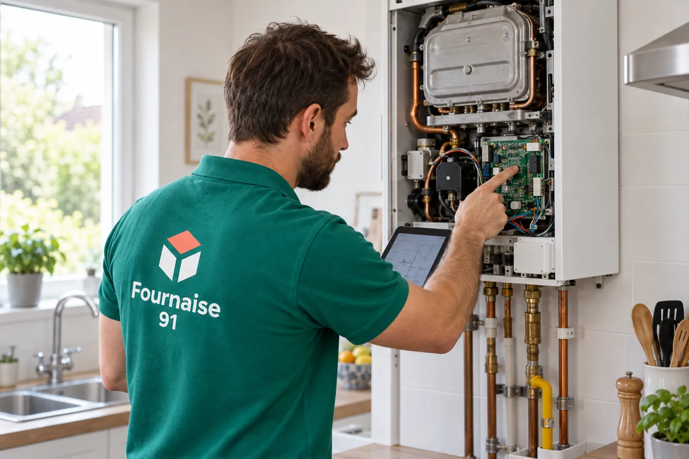 Chauffagiste Fournaise 91 posant le diagnostic d'une chaudière murale ouverte, tablette en main